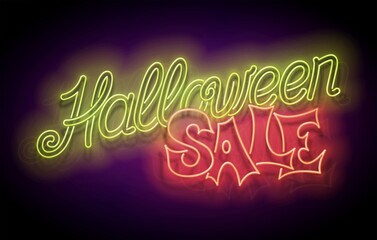 Glow Greeting Card with Halloween Sale Inscription. Neon Light Lettering. Shiny Template Poster, Banner, Invitation. Glossy Background. Vector 3d Illustration