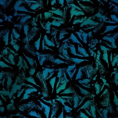 Seamless Miami night tropical pattern black foliage on sunset blur. High quality illustration. Swim, sports, or resort wear repeat print. Dark foreground on blurred background. Dark vibrant colors.