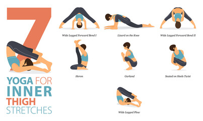 7 Yoga poses or asana posture for workout in Inner thigh stretch concept. Women exercising for body stretching. Fitness infographic. Flat cartoon vector