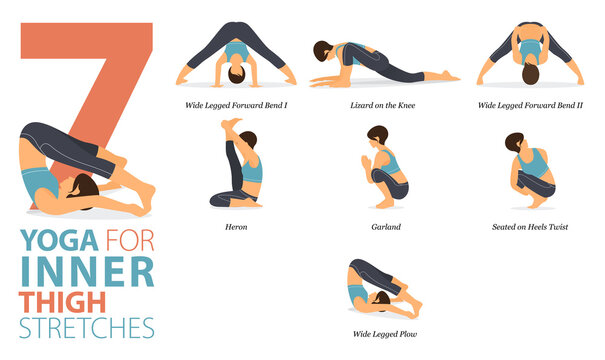 7 Yoga Poses Or Asana Posture For Workout In Inner Thigh Stretch Concept. Women Exercising For Body Stretching. Fitness Infographic. Flat Cartoon Vector