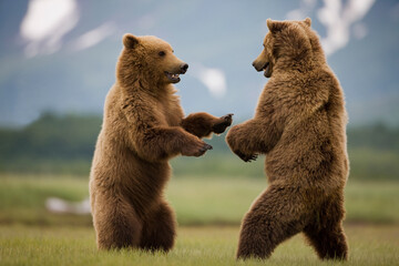 Obraz premium Grizzly Bears Wrestling, Katmai National Park, Alaska