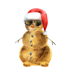 Watercolor sandy snowman on white background - 384653288