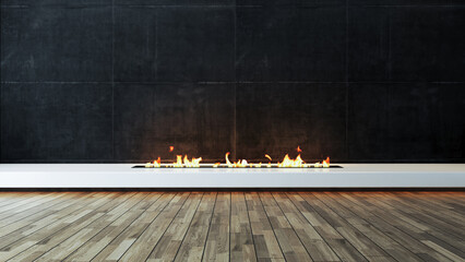 Modern fireplace design idea with dark concrete wall and wood parquet veneer flooring 3D rendering