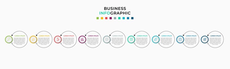 Business Infographic design template Vector with icons and 9 nine options or steps. Can be used for process diagram, presentations, workflow layout, banner, flow chart, info graph