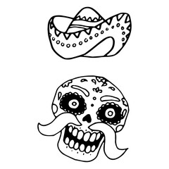 Skull and sombrero icon set on white isolated backdrop. Santa muerte for invitation or gift card, notebook, bath tile, scrapbook. Phone case or cloth print art. Doodle style stock vector illustration