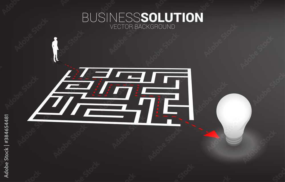 Poster Silhouette of businessman with route path to exit the maze to light bulb. Business concept for problem solving and finding idea.