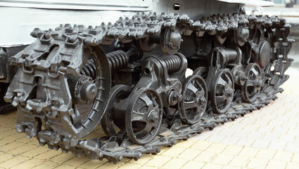 Tracked tractor close up, agricultural machinery