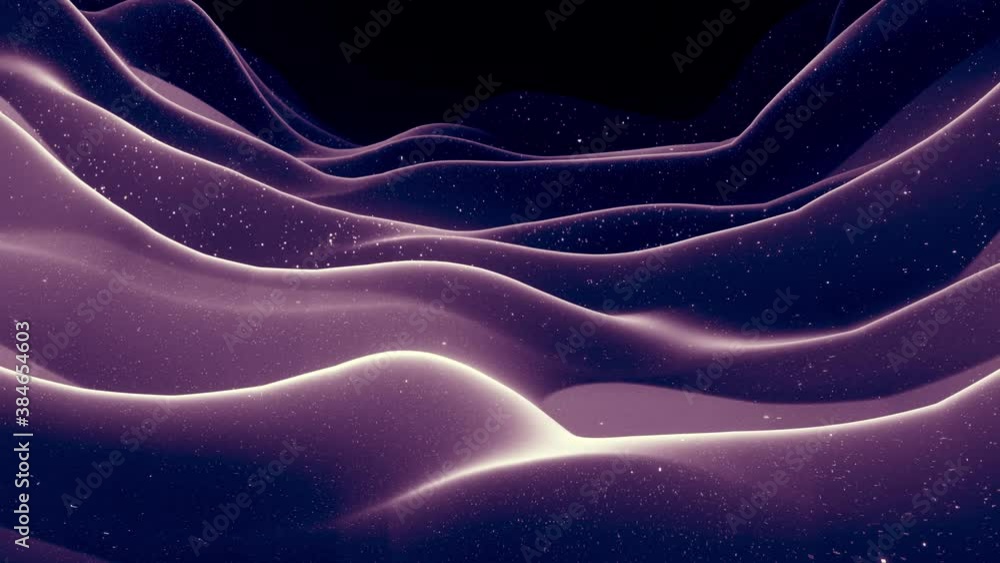 Poster abstract waves of soft black matte material with light inner glow and glitters on morphing surface. 