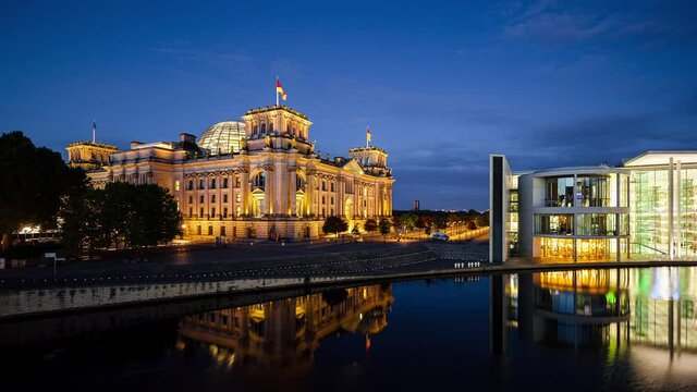 Night to Day Time Lapse of Reichstag Building with Spree River, Berlin, Germany