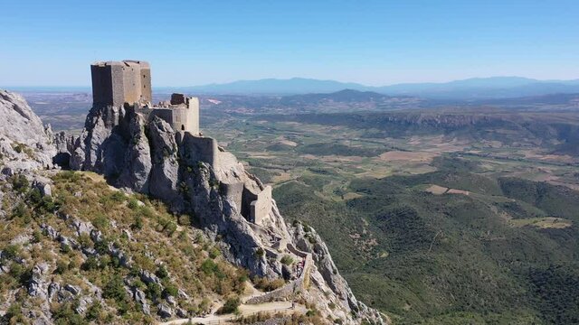 Panoramic view of castle Chateau de Queribus. Aude department. Languedoc-Roussillon region. France