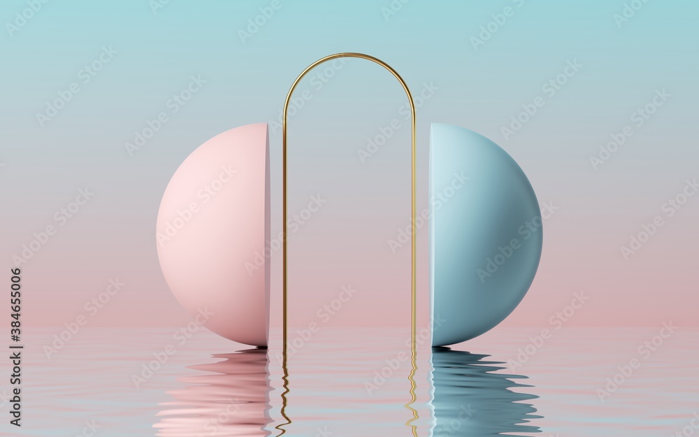 Poster 3d render, abstract modern minimal background with golden arch between the pink blue hemispheres and