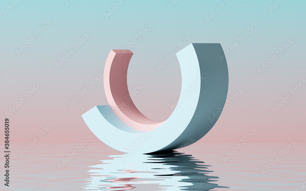 Poster 3d render, abstract modern minimal background with pink blue round arch shapes and reflection in the