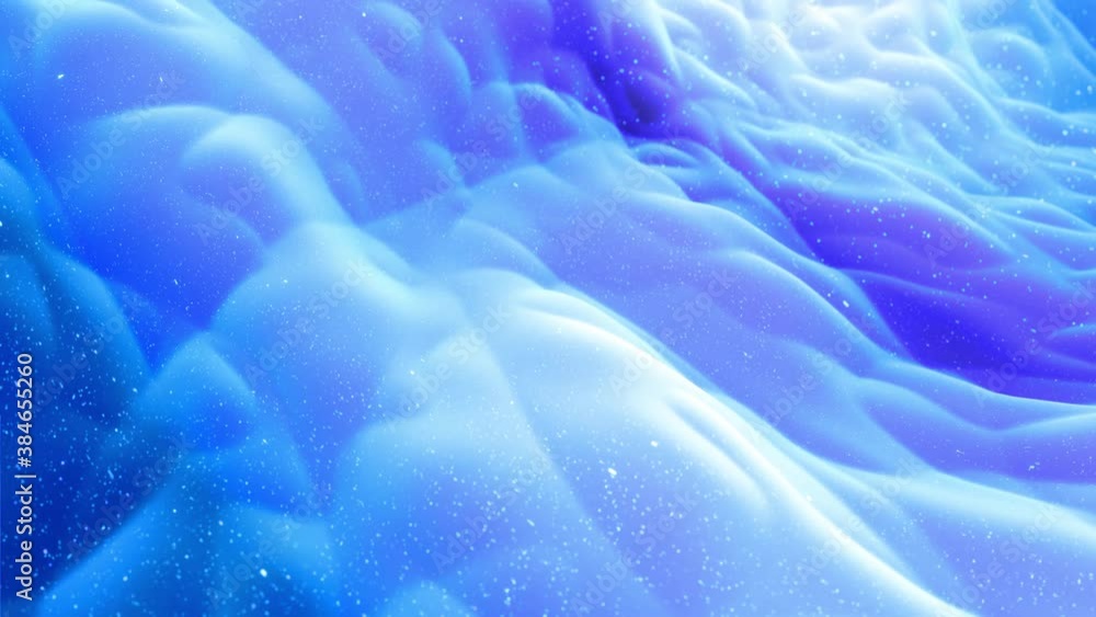 Poster abstract waves of soft blue matte material with light inner glow and glitters on morphing surface. a