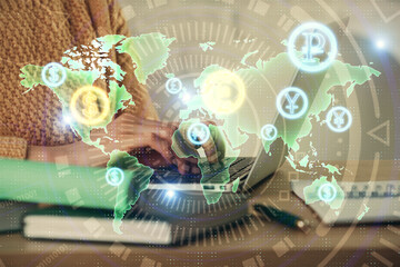 Double exposure of woman hands typing on computer and forex chart hologram drawing. Stock market analysis concept.