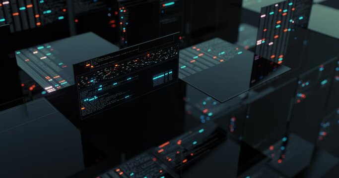 Abstract Motion Graphic, futuristic user interface, matrix cyber environment and big data analytic. Statistics Monitor Display. 3D render, 4K seamless loop