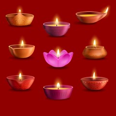 Diwali diya lamps vector set of Deepavali Indian light festival and Hindu religion holiday design. Oil lamps with burning fire flames, clay cups with rangoli pattern of paisley flowers, floral petals