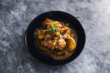 plant-based food, vegan potato bake with plant-based grilled protein