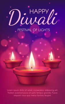 Diwali festival of light diya lamps vector greeting card of Indian Hindu religion. Deepavali oil lamps or candle lanterns with burning fire flames, sparkles and bokeh lights, invitation poster