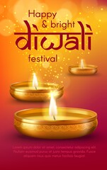 Fototapeta na wymiar Diya lamps of Diwali or Deepavali Indian festival of lights vector design of Hindu religion holiday. Gold lamps or lanterns with oil, burning candle wicks and sparkles, decorated with rangoli pattern