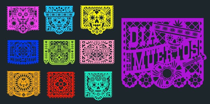 Papel picado, Mexican paper banners and pecked flags, vector. Mexico fiesta decoration papel picado traditional design for day of dead Dia de Muertos, paper cut skull in sombrero and flowers ornament