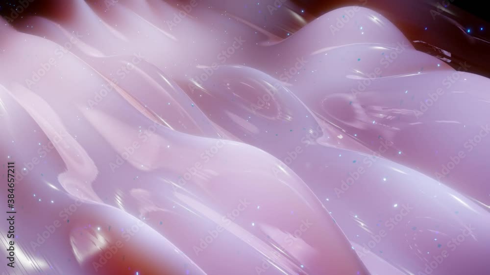 Poster abstract 3d surface with beautiful waves, luminous sparkles and bright color gradient pink milk. wav