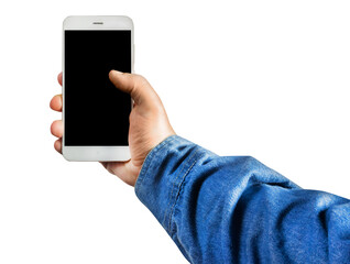 Male hand in jeans shirt holding a smartphone first person view.