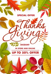 Thanks Giving sale vector poster with autumn leaves. Special offer for store and online. Market shopping discount promotional coupon with cartoon leaves of rowan, oak, birch, chestnut, maple or elm