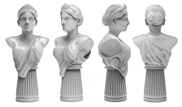 3d render image illustration of a greek female marble bust statue in different angles.
