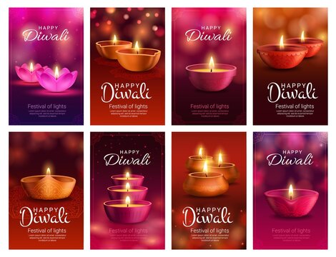 Diwali or Deepavali diya lamp vector banners of Indian light festival and Hindu religion holiday greeting cards. Deepawali oil lamps, decorated with rangoli pattern, paisley flowers and bokeh lights