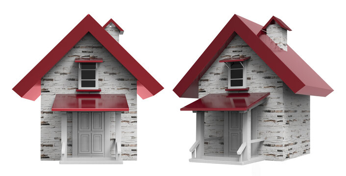 Isolated 3d render image of a house with red roof on a white background.