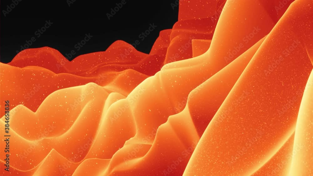 Poster beautiful abstract 3d surface with glitter sparkles, abstract 3d waves run on surface in loop. red o