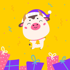 Christmas design template with cute ox.2021 sale.Christmas banner.Xmas bull jumps on a festive abstract background.New year design of poster, card, headers website.Vector cartoon illustration