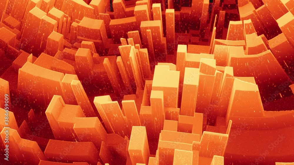 Poster Beautiful abstract 3D surface with glitter sparkles, abstract 3d waves run on surface in loop. Red orange gradient, soft matte material with light inner glow. Smoothly 4k animation