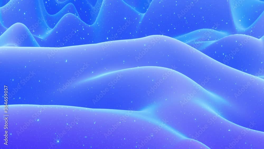 Poster beautiful abstract 3d surface with glitter sparkles, abstract 3d waves run on surface in loop. blue 