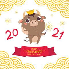 Fototapeta na wymiar Happy Chinese new year greeting card 2021.Chinese zodiac ox.Cute cow and gold money.Bull symbol of the year. New Year character design concept.Vector illustration