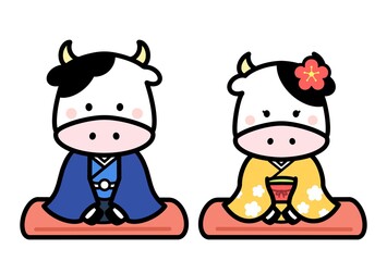 年賀素材2021 着物を着て座っている牛さん達