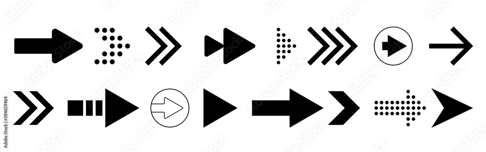 Poster arrows icon set. black arrow on white backdrop. motion icon for app, presentation or website. simple