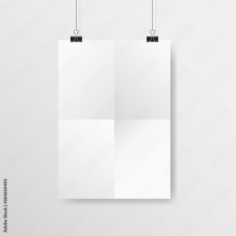 Poster poster mockup. white vertical crumpled paper with clips. realistic a4 template hanging on a light wa