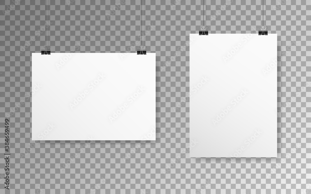 Poster poster mockup on transparent backdrop. white paper with soft shadow. empty a4 hanging on a wall. rea