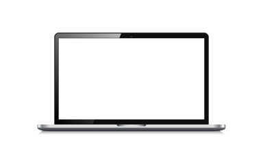 Laptop realistic mockup on white backdrop. Remote work concept. Notebook with white screen. Computer with empty display. Mobile device for distance education. Vector illustration