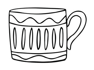 Hand drawn porcelain cup with pattern. Sketch drawing of ceramic mug. Doodle black on white vector illustration.