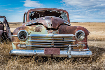 Abandoned vintage green car on the prairies in Saskatchewan