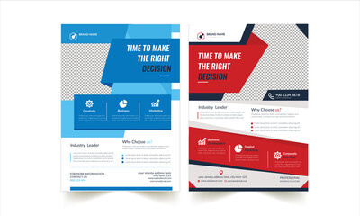 Modern corporate business A4 flyer design with blue and red color.