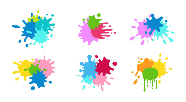 Group paint splash shape colorful set. Round ink flat splatter, decorative shapes liquids. Grunge splashes, drops, spatters cartoon style. Stain colored collection. Holi spring festival vector
