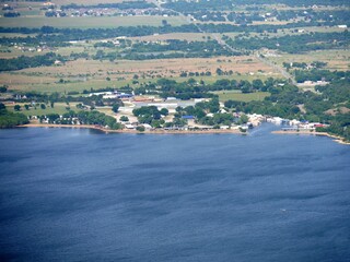 Aerial view of Lake Lawtonka with Medicine Park in the background, seen from peak of Mt. Scott, Oklahoma, USA.