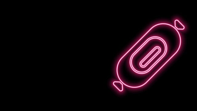 Glowing neon line Salami sausage icon isolated on black background. Meat delicatessen product. 4K Video motion graphic animation