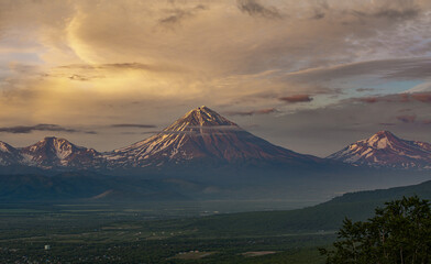 Kamchatka, Koryaksky and Avachinsky volcanoes before sunset