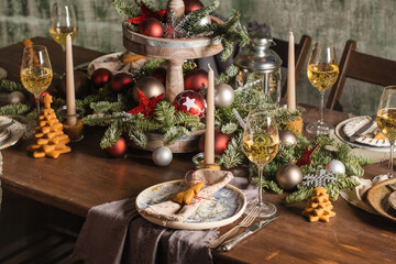 New Year's or Christmas table. The table is covered with food. 2021