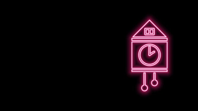Glowing neon line Retro wall watch icon isolated on black background. Cuckoo clock sign. Antique pendulum clock. 4K Video motion graphic animation