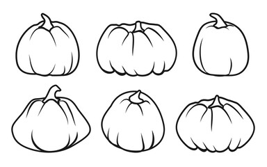 Set of black line Autumn pumpkin icon. Outline sign Thanksgiving and Halloween, season crop capacity. Contour template different shape gourd. Linear style pictogram. Isolated vector illustration